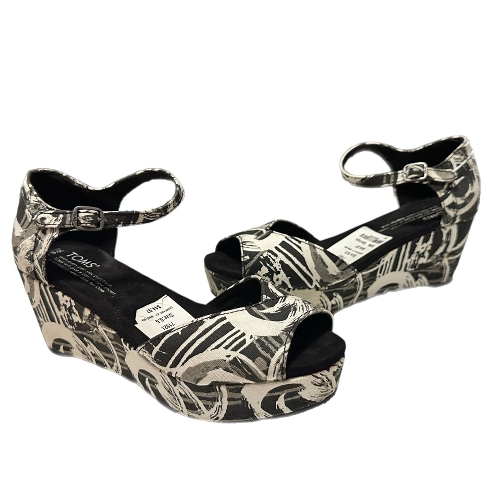 Toms Mary Jane Wedges Heels Sandals Peep Toe Black Geometric Womens- Size 6.5‎